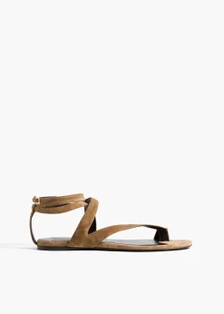 Khaite Sandals-Aimee Ankle Strap Flat Sandal in Taupe Suede