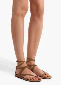 Khaite Sandals-Aimee Ankle Strap Flat Sandal in Taupe Suede