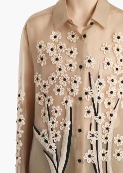 Khaite Shirts & Tops-Argo Top in Chalk Organza with Floral Bouquet Embroidery