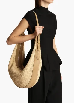 Khaite Crossbody Bags-Augustina Hobo in Wheat Suede and Natural Raffia