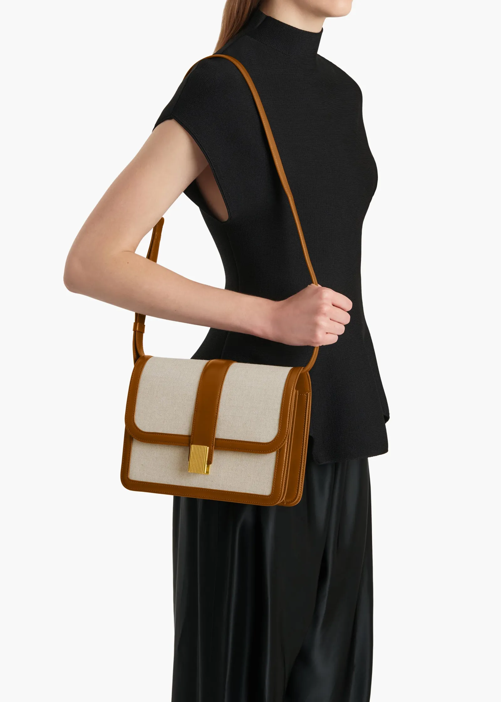 Khaite Crossbody Bags-Blake Crossbody Bag in Dark Honey Leather with Natural Canvas