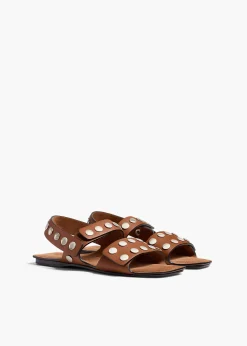 Khaite Sandals-Boden Sandal in Dark Tan Leather with Silver Studs