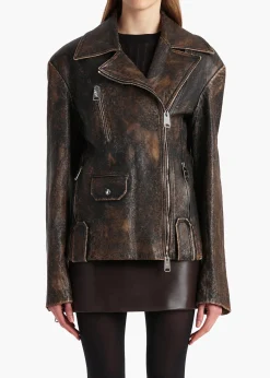 Khaite Leather|Jackets-Catalina Jacket in Black and Natural Distressed Leather