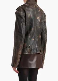 Khaite Leather|Jackets-Catalina Jacket in Black and Natural Distressed Leather