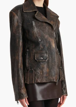 Khaite Leather|Jackets-Catalina Jacket in Black and Natural Distressed Leather
