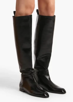 Khaite Boots-Colt Knee-High Boot in Black Glazed Leather