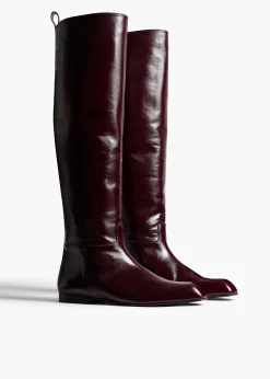 Khaite Boots-Colt Knee-High Boot in Bordeaux Glazed Leather