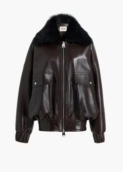 Khaite Leather|Outerwear & Coats-Daemon Jacket in Mud Leather with Shearling Collar
