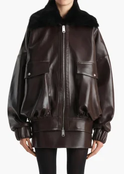 Khaite Leather|Outerwear & Coats-Daemon Jacket in Mud Leather with Shearling Collar