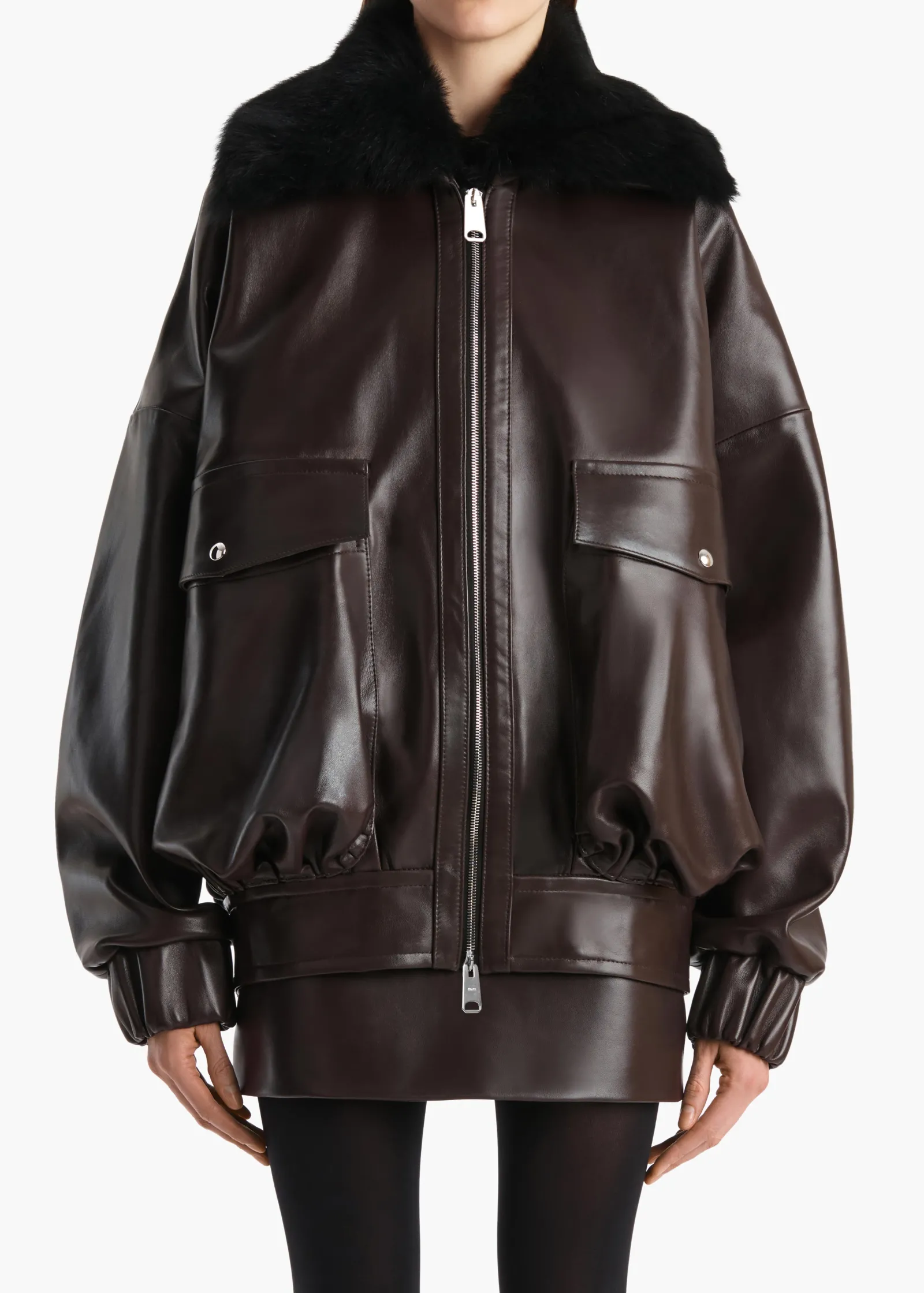 Khaite Leather|Outerwear & Coats-Daemon Jacket in Mud Leather with Shearling Collar