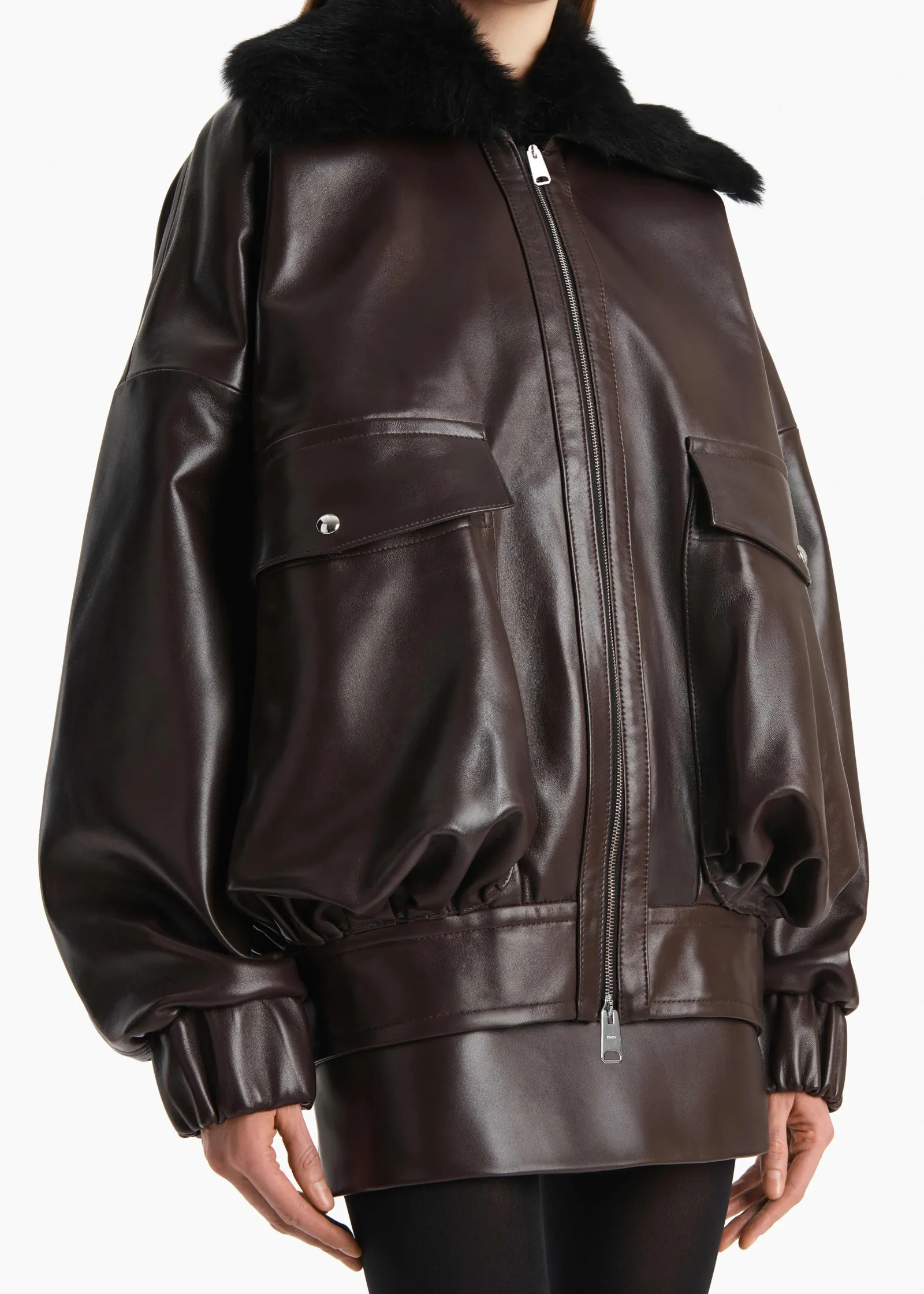 Khaite Leather|Outerwear & Coats-Daemon Jacket in Mud Leather with Shearling Collar