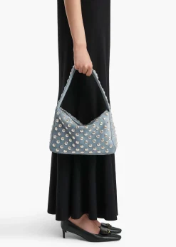 Khaite Shoulder Bags-Elena Bag in Lead Suede with Silver Studs