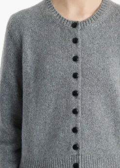 Khaite Knitwear-Everheart Cardigan in Fog with Leather Buttons