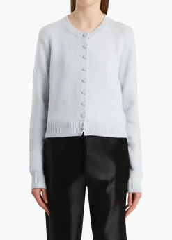 Khaite Knitwear-Everheart Cardigan in Ice Blue with Suede Buttons