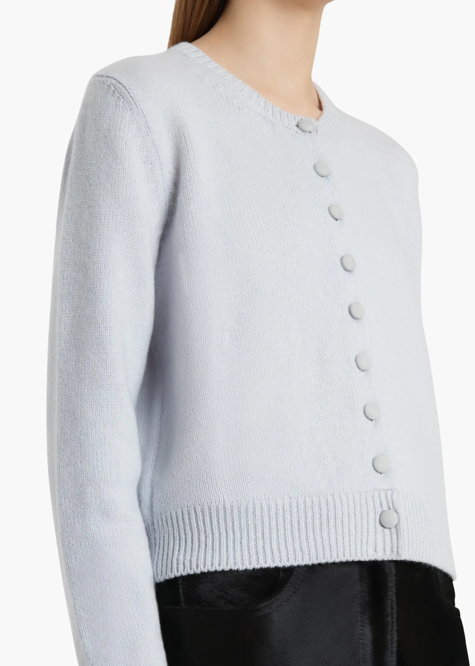 Khaite Knitwear-Everheart Cardigan in Ice Blue with Suede Buttons