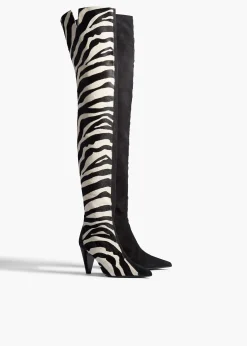 Khaite Boots-Harvey Over-the-Knee High Boot in Zebra Print Haircalf and Black Suede