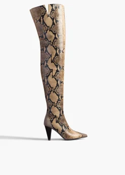 Khaite Boots-Harvey Over-the-Knee High Boot in Morning Dove Suede and Taupe Python- Morning Dove Suede and Taupe Python-Embossed Leather