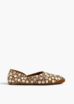 Khaite Flats-Jane Flat in Caramel Suede with Silver Studs