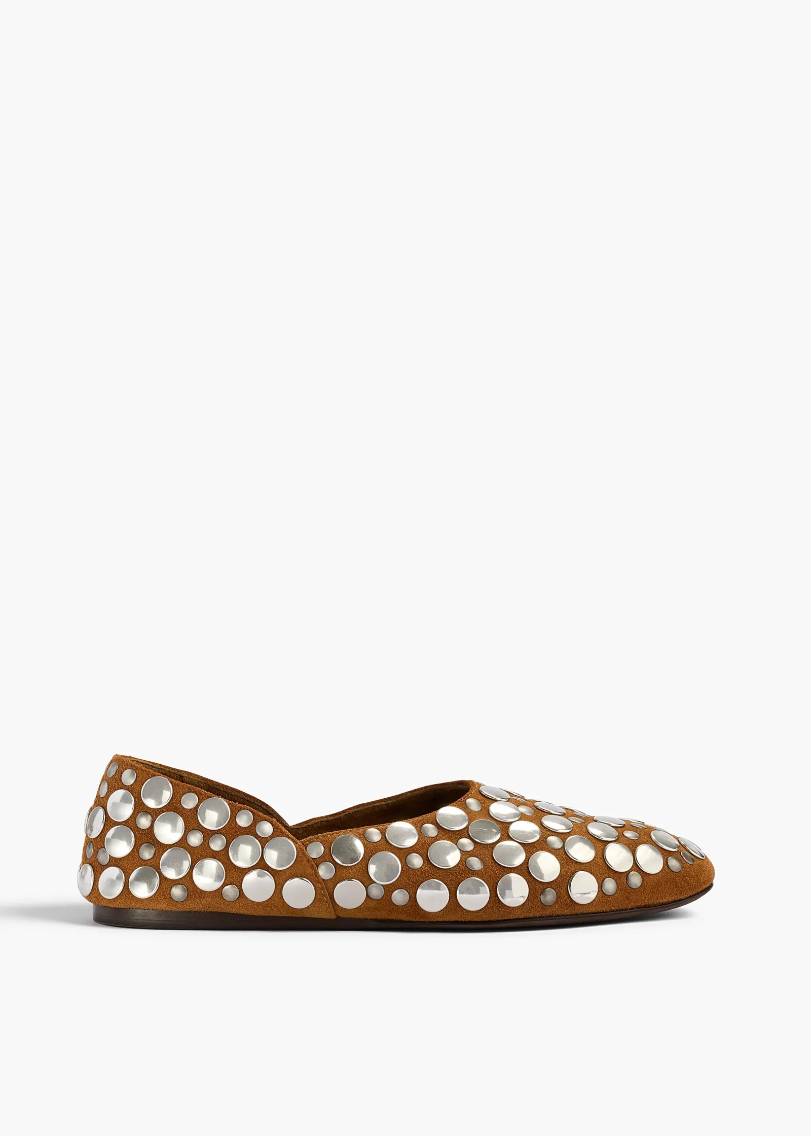 Khaite Flats-Jane Flat in Caramel Suede with Silver Studs