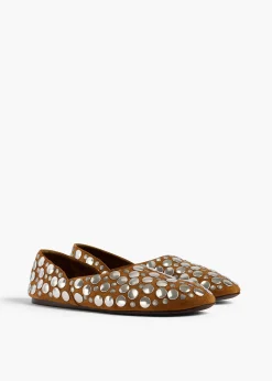 Khaite Flats-Jane Flat in Caramel Suede with Silver Studs