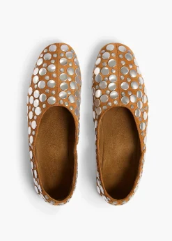 Khaite Flats-Jane Flat in Caramel Suede with Silver Studs