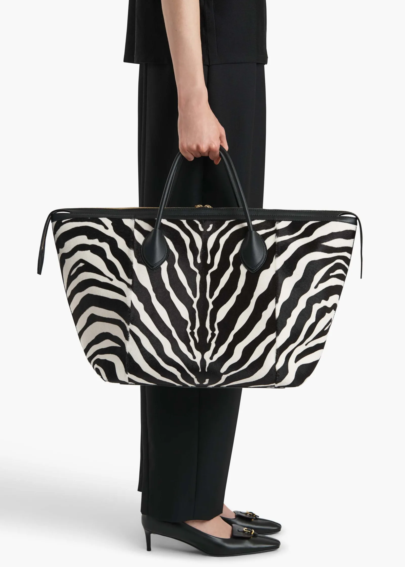 Khaite Totes|Top Handle-Kasia Tote in Black Leather with Zebra Print Haircalf