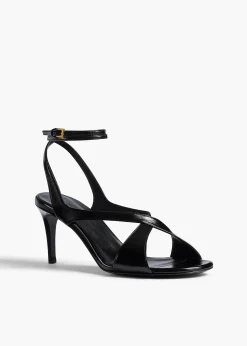 Khaite Sandals-Liria Ankle Strap Sandal in Black Glazed Leather