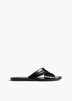 Khaite Flats|Sandals-Liria Flat Sandal in Black Glazed Leather