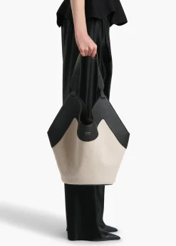 Khaite Totes-Medium Lotus Tote in Black Leather and Natural Canvas