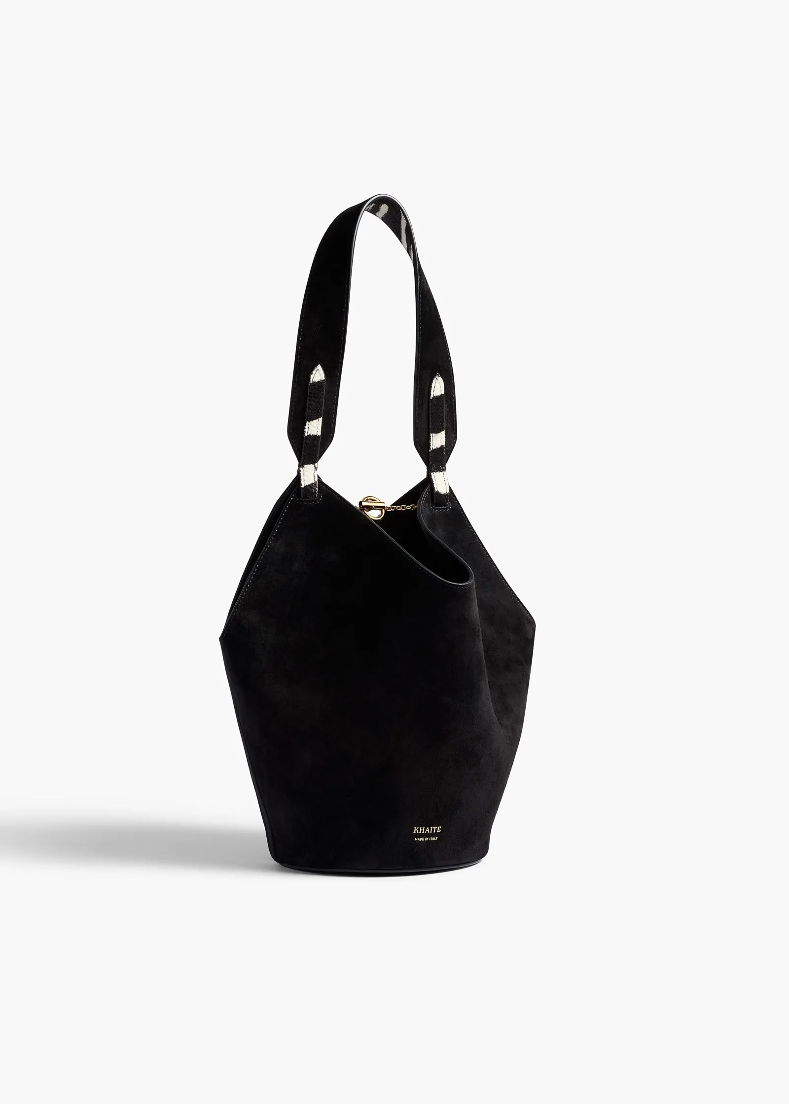 Khaite Top Handle|Totes-Mini Lotus Tote in Zebra Print Haircalf and Black Suede