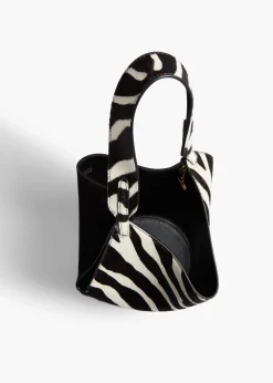 Khaite Top Handle|Totes-Mini Lotus Tote in Zebra Print Haircalf and Black Suede