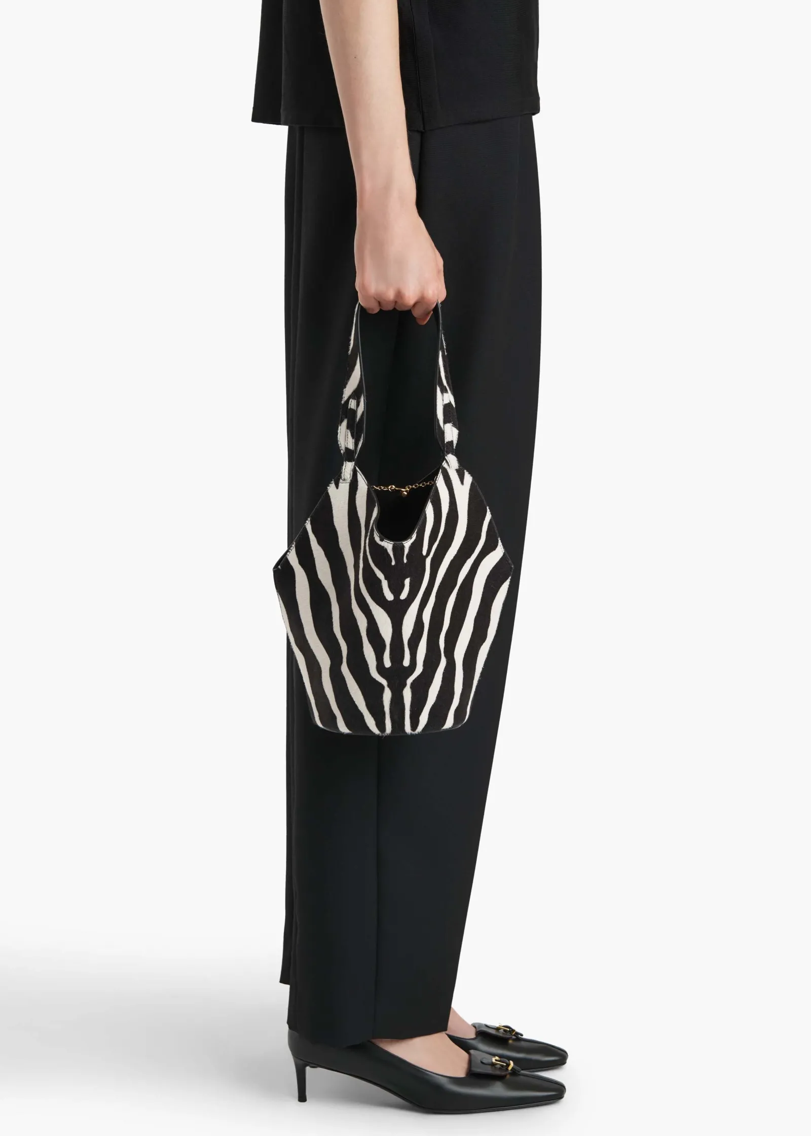 Khaite Top Handle|Totes-Mini Lotus Tote in Zebra Print Haircalf and Black Suede