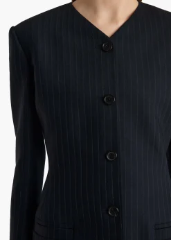 Khaite Leather|Jackets-Naran Jacket in Navy and White Stripe