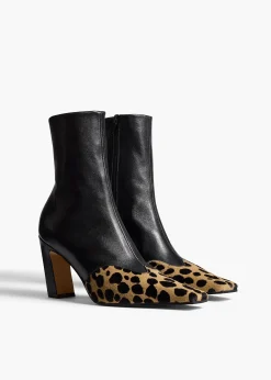 Khaite Boots-Nevada Stretch High Boot in Black Leather with Hyena Print Haircalf