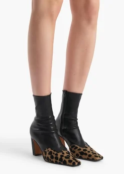Khaite Boots-Nevada Stretch High Boot in Black Leather with Hyena Print Haircalf