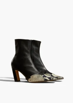 Khaite Boots-Nevada Stretch High Boot in Black with Natural Python-Embossed Leather
