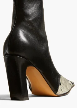 Khaite Boots-Nevada Stretch High Boot in Black with Natural Python-Embossed Leather