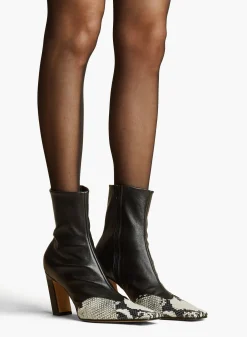 Khaite Boots-Nevada Stretch High Boot in Black with Natural Python-Embossed Leather