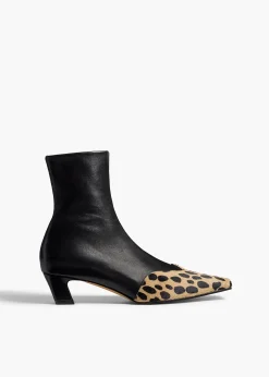 Khaite Boots-Nevada Stretch Low Boot in Black Leather with Hyena Print Haircalf