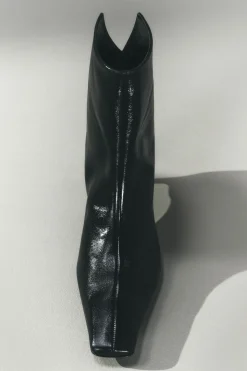 Khaite Boots-Ona Ankle Boot in Black Glazed Leather