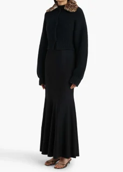 Khaite Knitwear-Pomero Jacket in Black with Rabbit Fur Collar