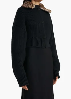 Khaite Knitwear-Pomero Jacket in Black with Rabbit Fur Collar