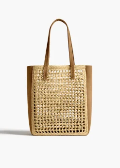 Khaite Totes-Small Zoe Tote in Natural Raffia with Mud Suede